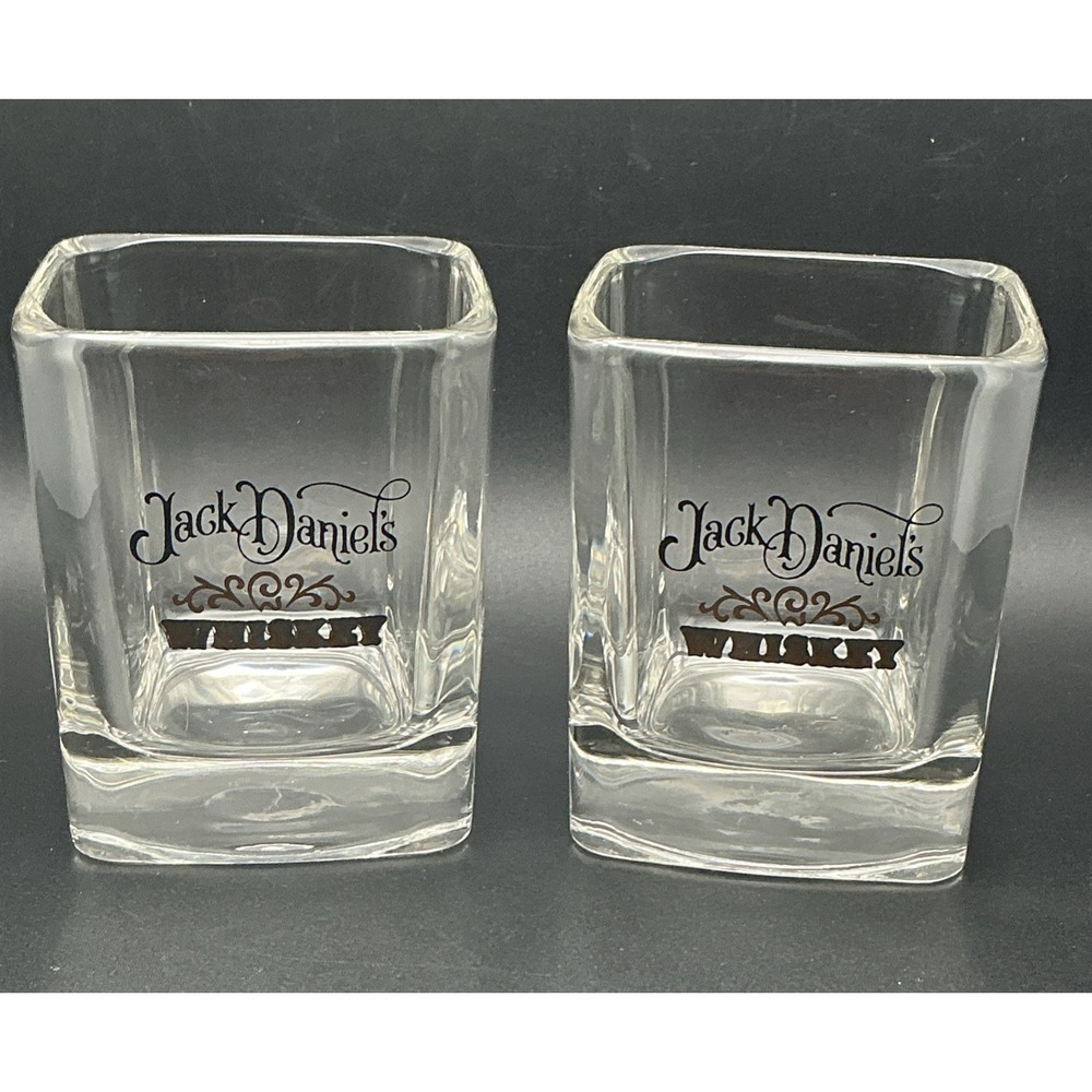 Vintage Jack Daniel's Whiskey Square 8oz Rocks Glasses Gold Black Logo 70s 80s